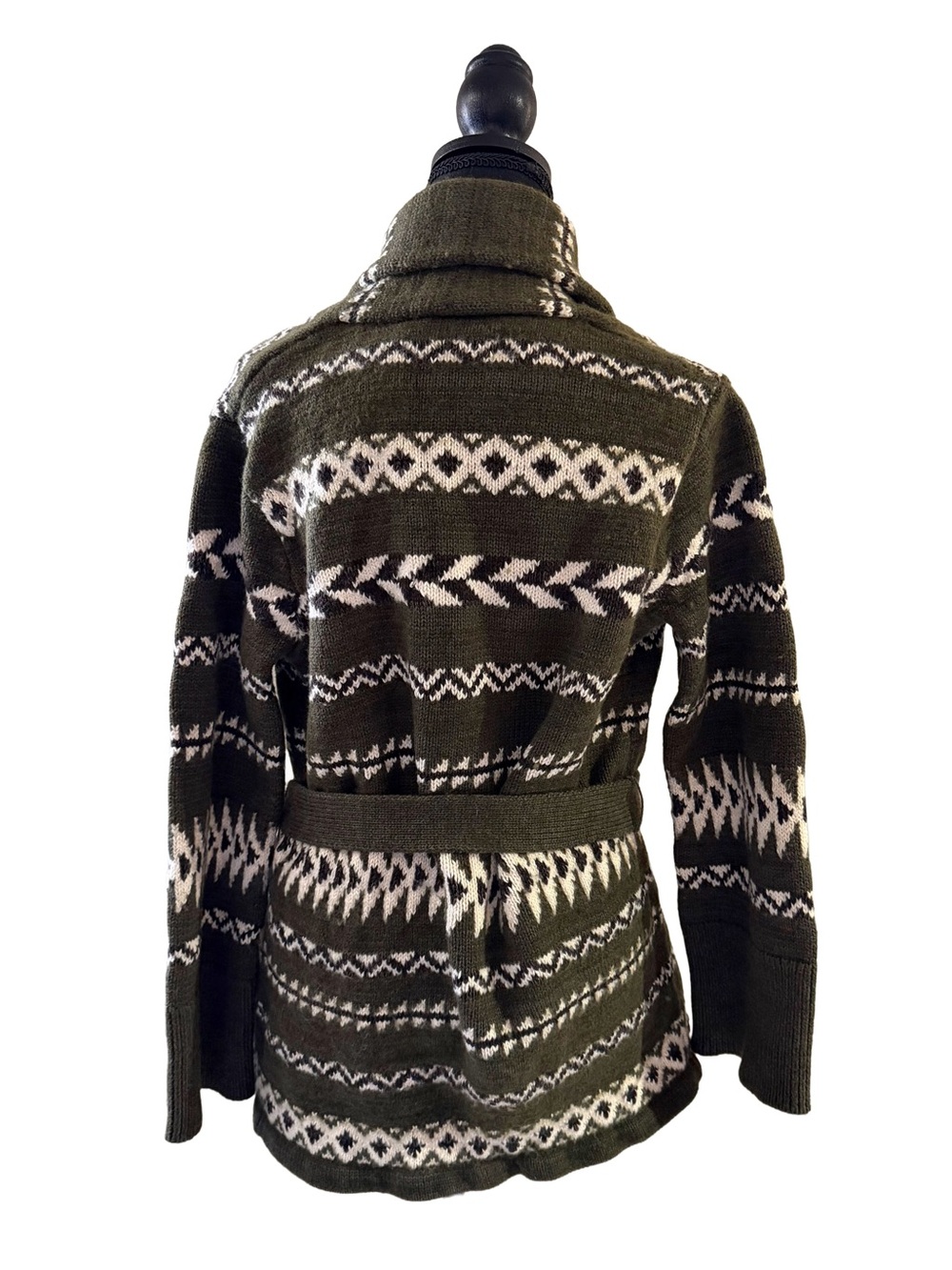 Polo Ralph Lauren Women Medium Fair Isle Belted Cardigan Olive Wool Linen Preppy - Picture 3 of 9